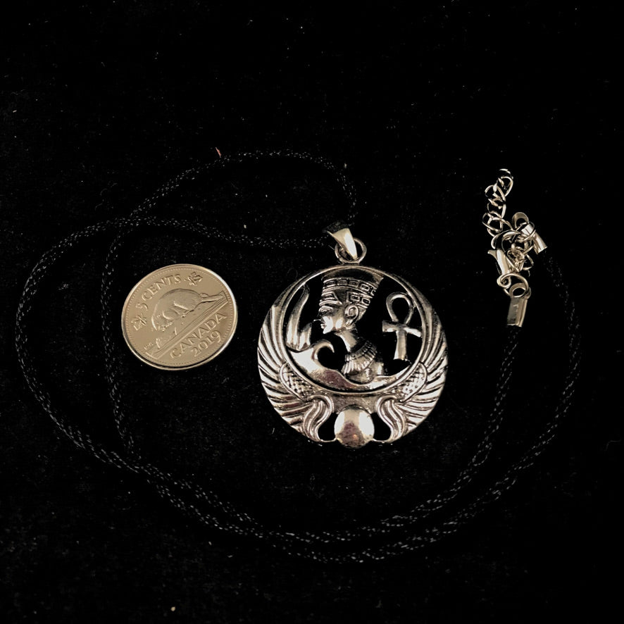 Silver Nefertiti Pendant on Black Cord Necklace